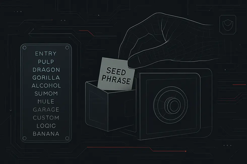 Folha com seed phrase, circuitos digitais e símbolos de segurança.