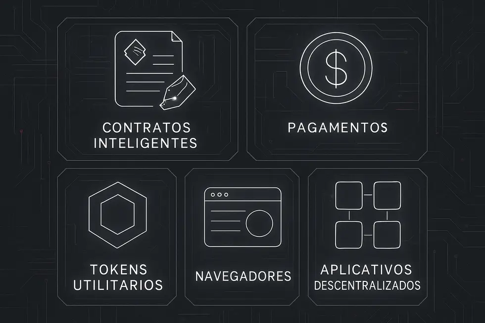 V&aacute;rias altcoins representadas por &iacute;cones conectados em um circuito digital.