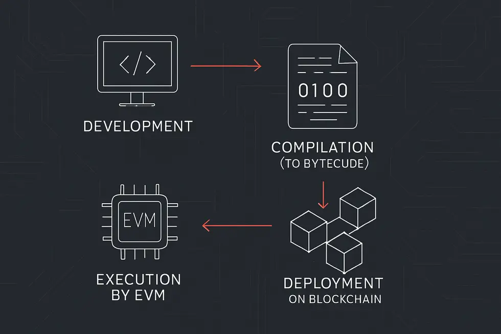 Visualiza&ccedil;&atilde;o abstrata da EVM conectando blocos digitais.