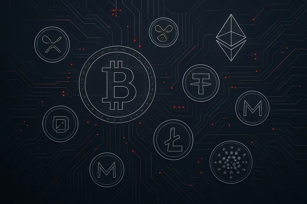 Moedas digitais conhecidas flutuando sobre um fundo tecnol&oacute;gico e escuro.