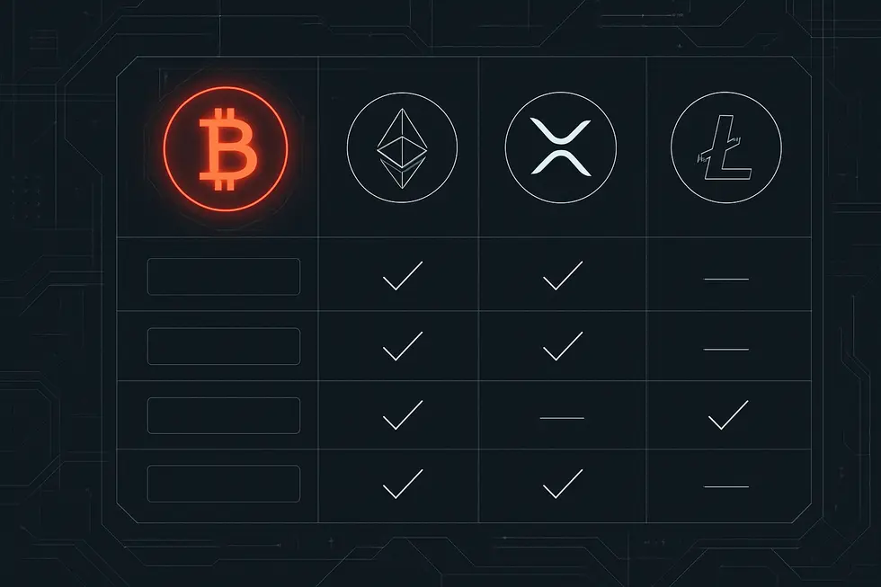 V&aacute;rias altcoins representadas por &iacute;cones conectados em um circuito digital.