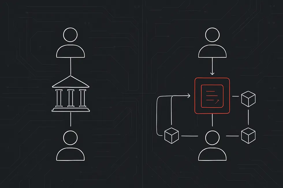Diagrama visualizando diferen&ccedil;as entre bancos tradicionais e DeFi.