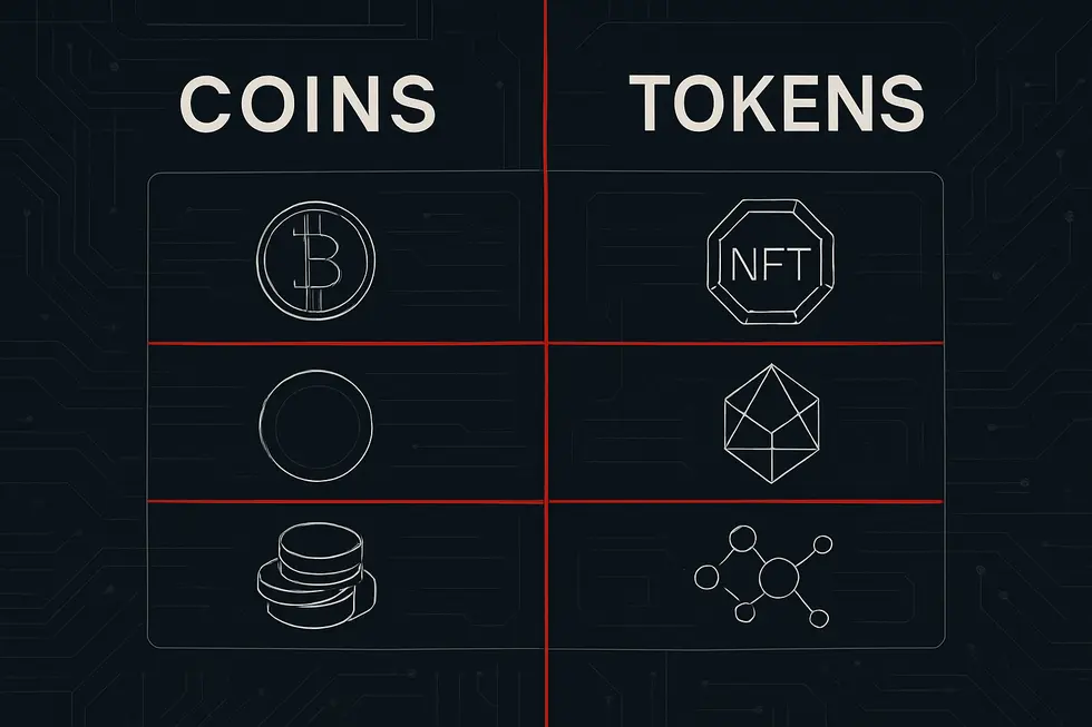 Moedas digitais conhecidas flutuando sobre um fundo tecnol&oacute;gico e escuro.