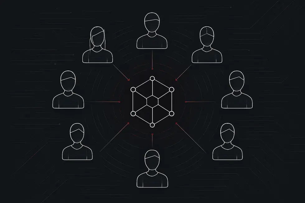 V&aacute;rias pessoas conectadas formando uma rede descentralizada.