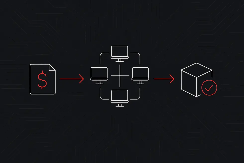 Representa&ccedil;&atilde;o visual de uma blockchain como uma cadeia de blocos digitais.