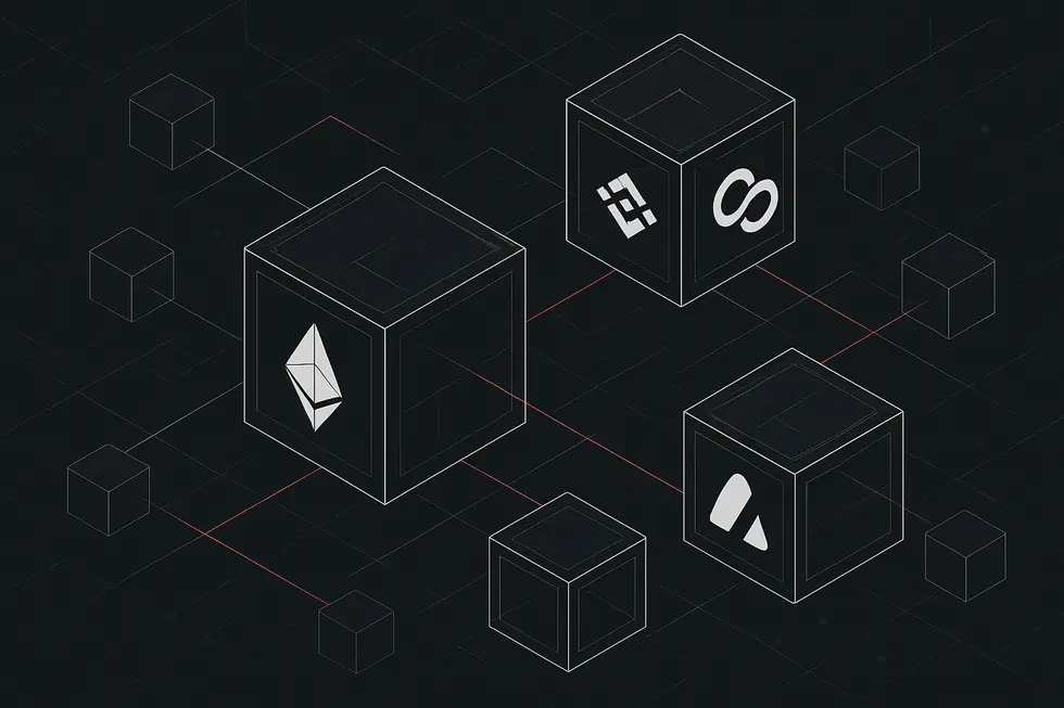 Visualiza&ccedil;&atilde;o abstrata da EVM conectando blocos digitais.