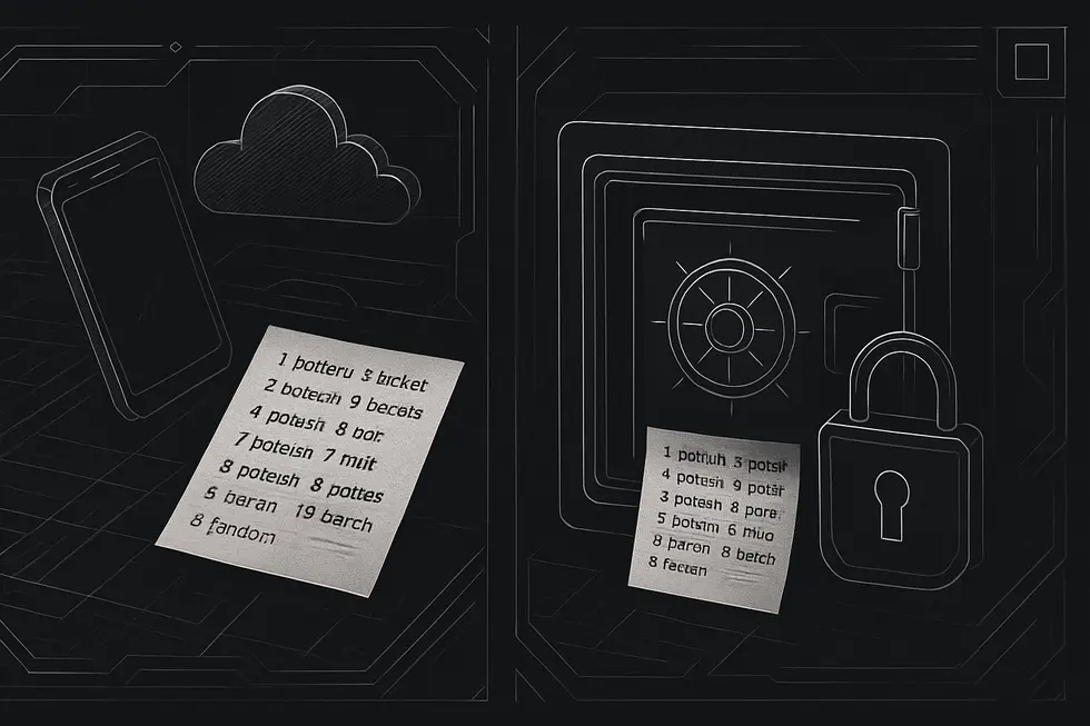 Folha com seed phrase, circuitos digitais e símbolos de segurança.