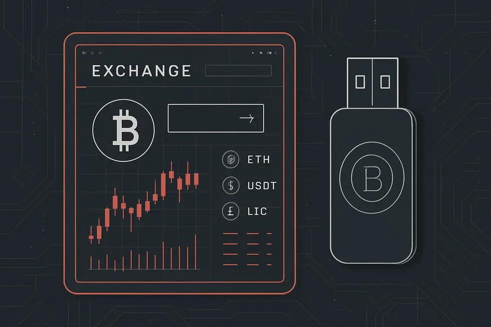 Ilustração de uma moeda digital com símbolo de Bitcoin entre circuitos.