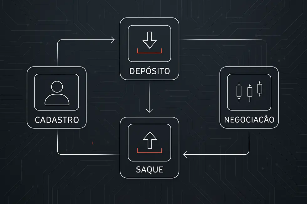 Ilustra&ccedil;&atilde;o de uma exchange centralizada com gr&aacute;ficos e s&iacute;mbolos de moedas.