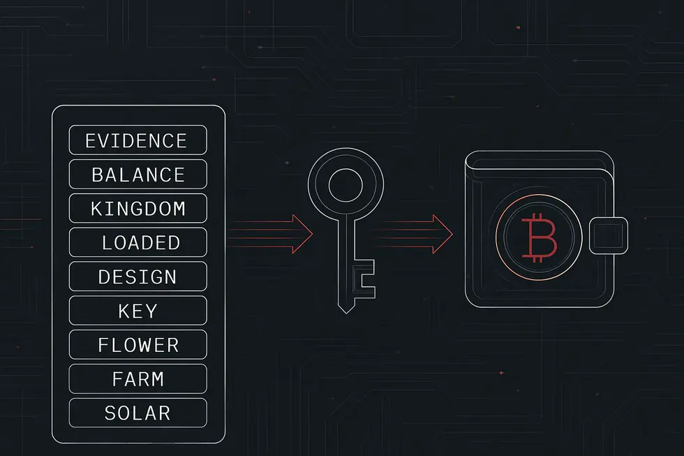 Folha com seed phrase, circuitos digitais e símbolos de segurança.