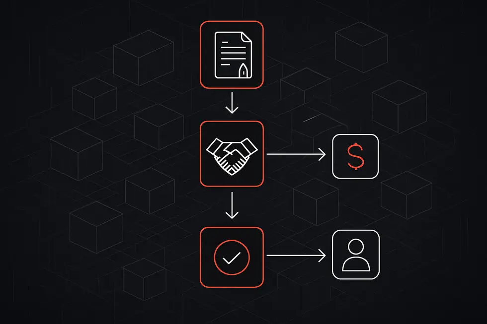 Ilustra&ccedil;&atilde;o mostrando dois &iacute;cones digitais acordando, simbolizando contratos inteligentes.