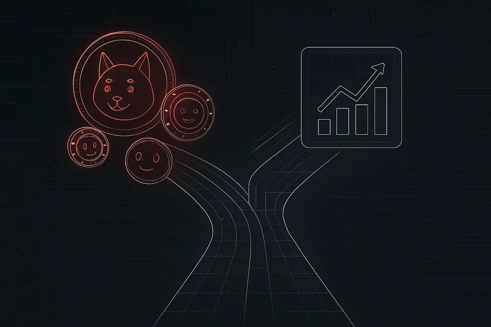 &Iacute;cones representativos das principais memecoins em estilo wireframe.