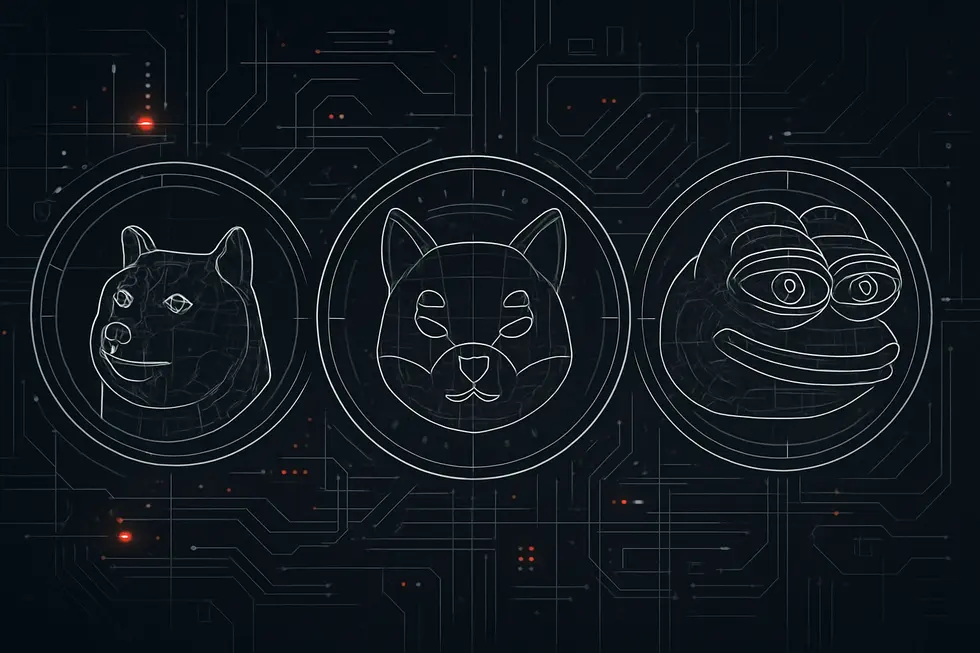 &Iacute;cones representativos das principais memecoins em estilo wireframe.