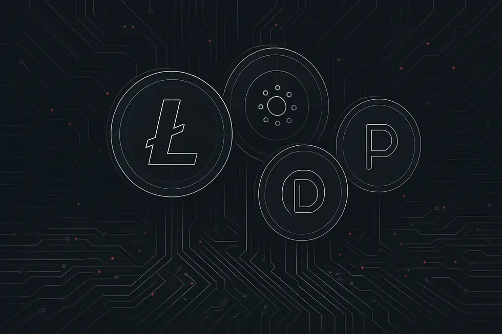 V&aacute;rias altcoins representadas por &iacute;cones conectados em um circuito digital.