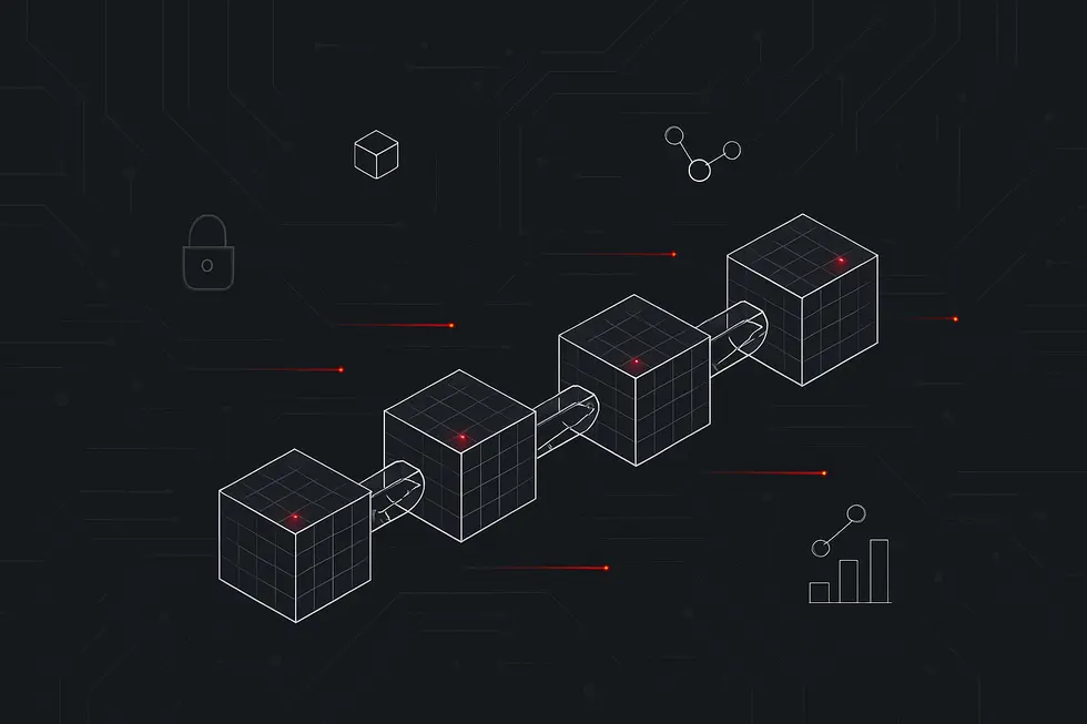 Representa&ccedil;&atilde;o visual de uma blockchain como uma cadeia de blocos digitais.