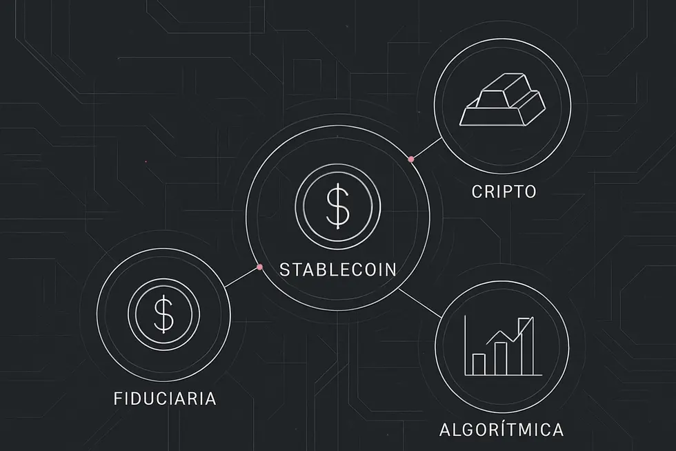 Moedas digitais USDT, USDC e DAI em destaque, simbolizando as principais stablecoins.