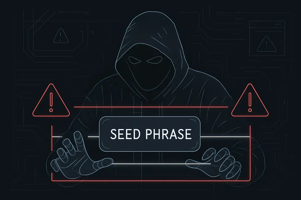 Folha com seed phrase, circuitos digitais e símbolos de segurança.