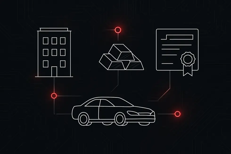 &Iacute;cones representando diferentes tipos de ativos do mundo real convertidos em tokens digitais.