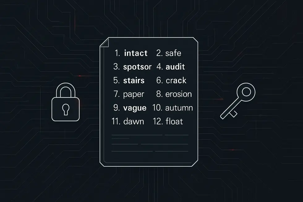 Folha com seed phrase, circuitos digitais e símbolos de segurança.