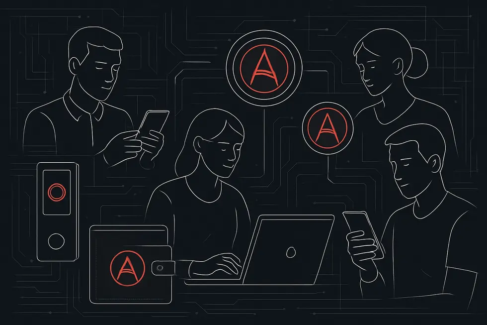 V&aacute;rias altcoins representadas por &iacute;cones conectados em um circuito digital.