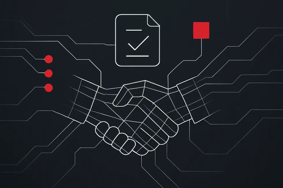 Ilustra&ccedil;&atilde;o mostrando dois &iacute;cones digitais acordando, simbolizando contratos inteligentes.