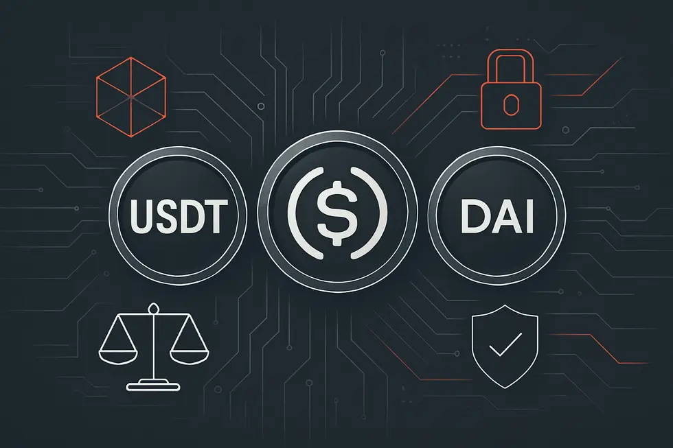 Moedas digitais USDT, USDC e DAI em destaque, simbolizando as principais stablecoins.
