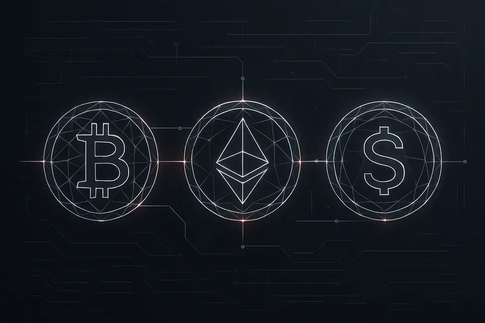 Ilustra&ccedil;&atilde;o de uma moeda digital com s&iacute;mbolo de Bitcoin entre circuitos.
