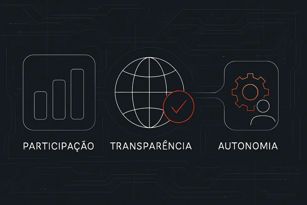 V&aacute;rias pessoas conectadas formando uma rede descentralizada.