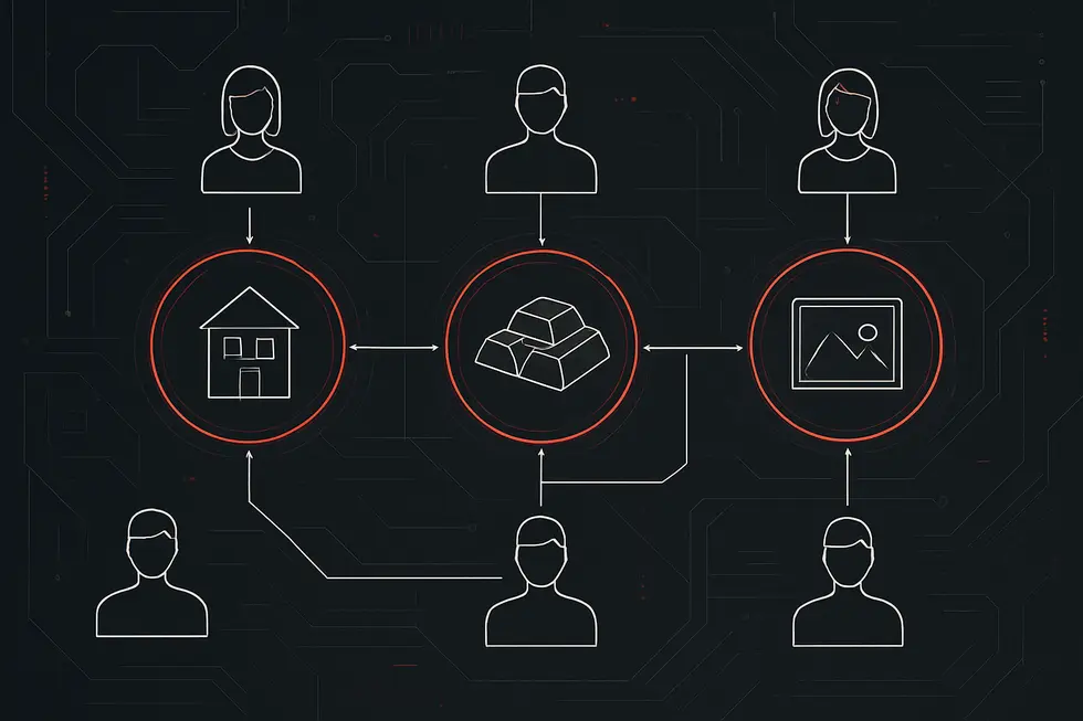 &Iacute;cones representando diferentes tipos de ativos do mundo real convertidos em tokens digitais.